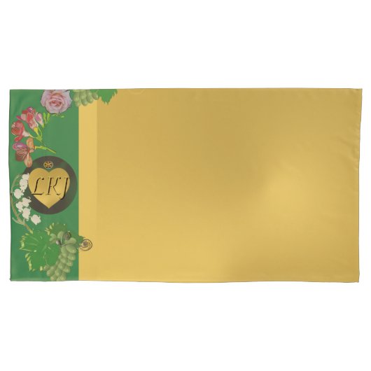 モノグラム記念日フローラグリーン/金ゴールドピラロケース 枕カバー (正面左)