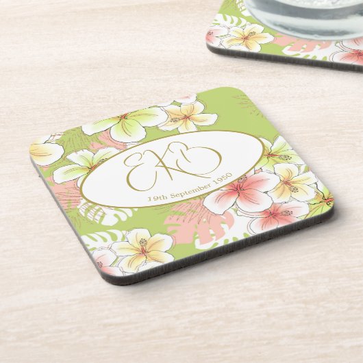 モノグラム誕生日エレガントトロピカル コースター (左側)