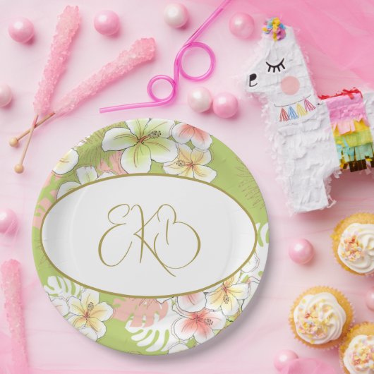 モノグラム誕生日エレガントトロピカル ペーパープレート (パーティー)