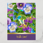 モノグラム誕生日パンシーバイオレット花水彩 箔シーズンポストカード (正面)