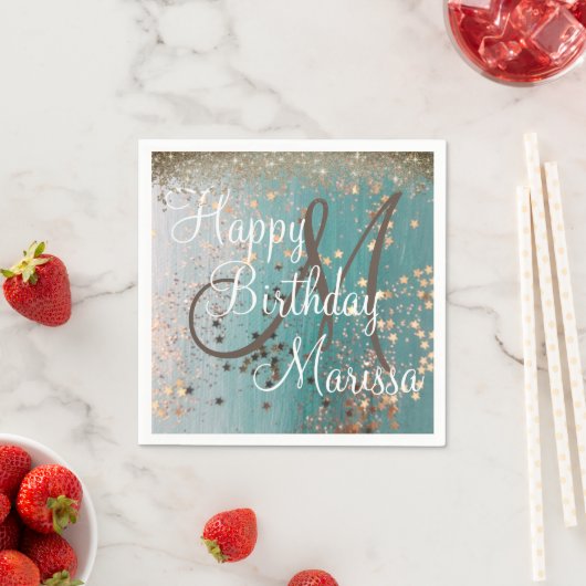 モノグラム誕生日金ゴールドスターズオンティール（緑がかった色）ナプキンス スタンダードカクテルナプキン (インサイチュ)