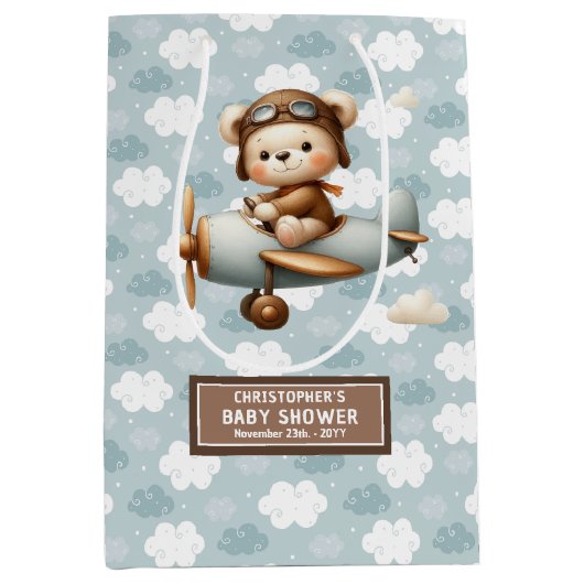 モノグラム赤ちゃんシャワー抱き枕とパイロットベアアート ミディアムペーパーバッグ (正面)