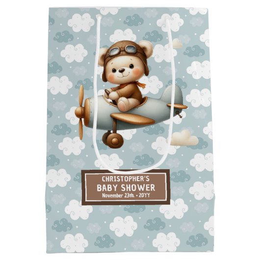 モノグラム赤ちゃんシャワー抱き枕とパイロットベアアート ミディアムペーパーバッグ (裏面)