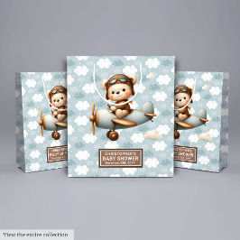 モノグラム赤ちゃんシャワー抱き枕とパイロットベアアート ミディアムペーパーバッグ