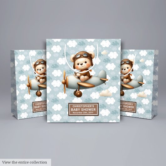 モノグラム赤ちゃんシャワー抱き枕とパイロットベアアート ミディアムペーパーバッグ