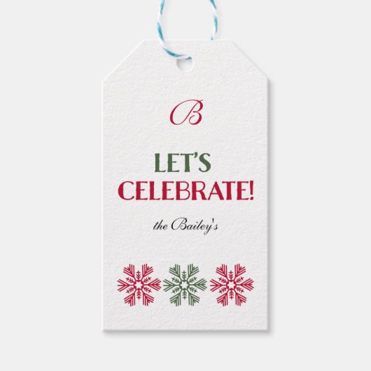 モノグラム赤と緑の雪片 ギフトタグ (正面)