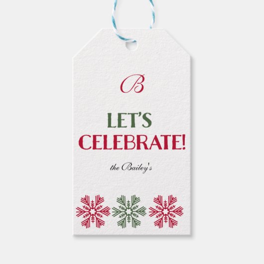 モノグラム赤と緑の雪片 ギフトタグ (正面)