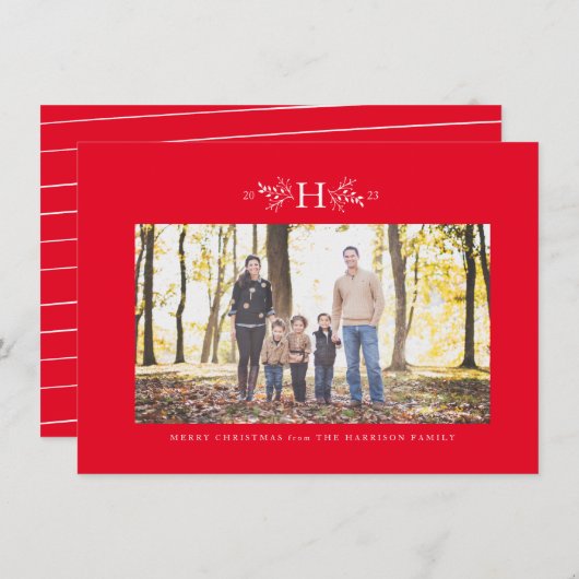 モノグラム赤の休日のフォトカード シーズンカード (正面/裏面)