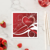 モノグラム赤ガーリーと白のハートとフローラの渦巻き スタンダードカクテルナプキン (インサイチュ)