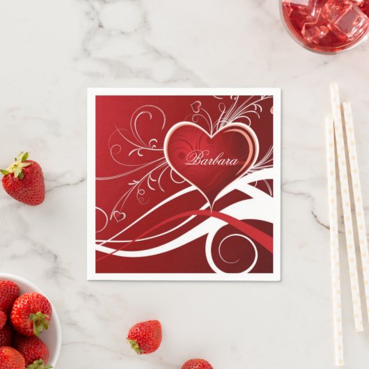モノグラム赤ガーリーと白のハートとフローラの渦巻き スタンダードカクテルナプキン (インサイチュ)