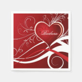 モノグラム赤ガーリーと白のハートとフローラの渦巻き スタンダードカクテルナプキン (正面)
