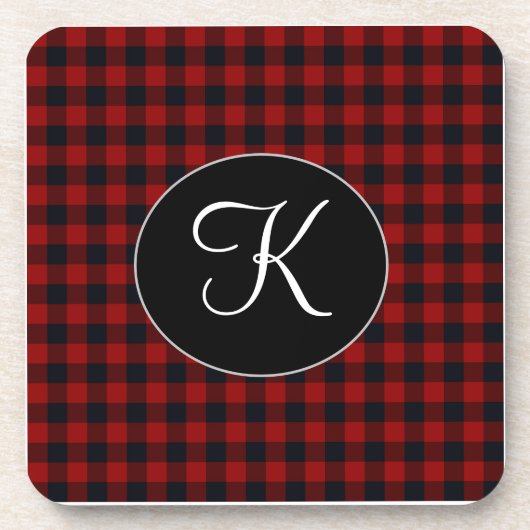 モノグラム赤パーソナライズされたと黒バッファローのプレイド コースター (正面)