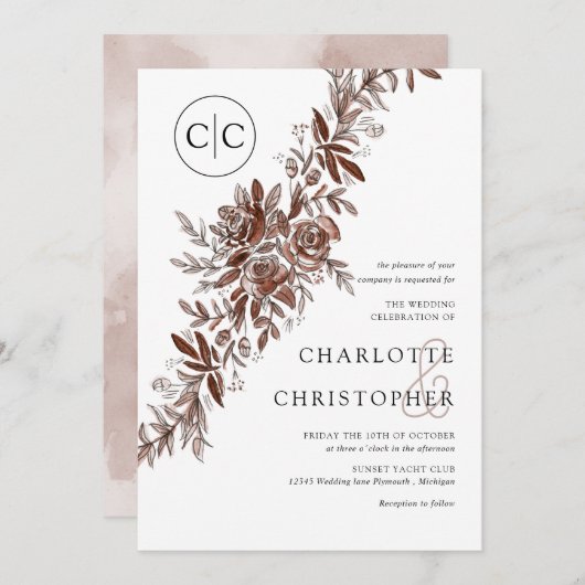 モノグラム赤面ピンクウォーター結婚カラーフローラ 招待状 (正面/裏面)