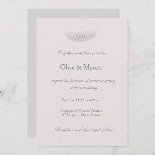 モノグラム赤面ピンクグレーフェザーエレガントな結婚式 招待状 (正面/裏面)