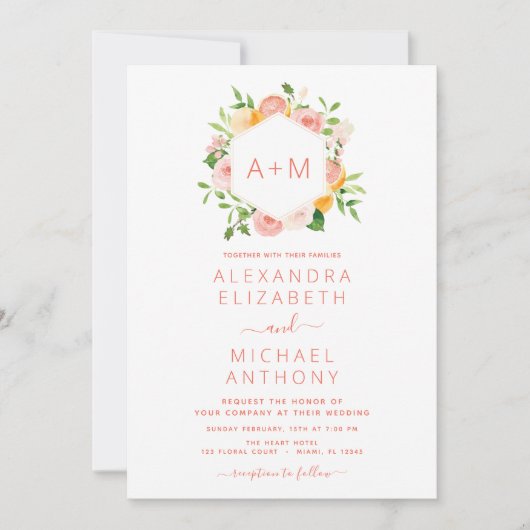 モノグラム赤面ピンクシトラス結婚フローラズインビタティ 招待状 (正面)