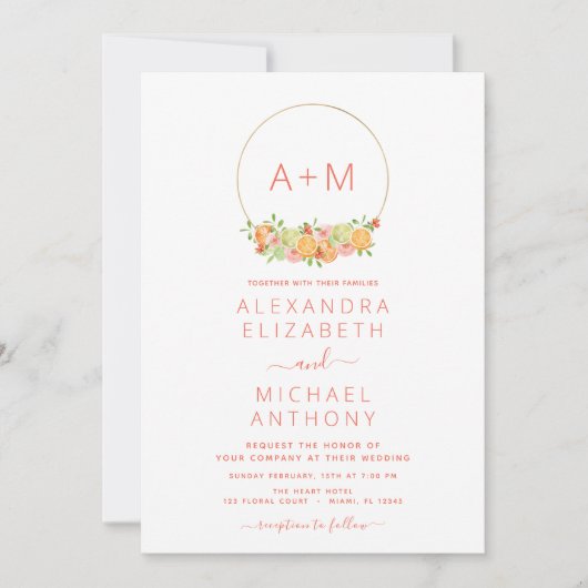 モノグラム赤面ピンクシトラス結婚フローラズインビタティ 招待状 (正面)