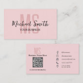 モノグラム赤面ピンクモダンミニマルQRコードロゴ 名刺 (正面/裏面)