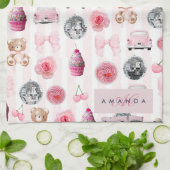 モノグラム赤面ピンクレトロディスコボールコケット キッチンタオル (折り畳み)