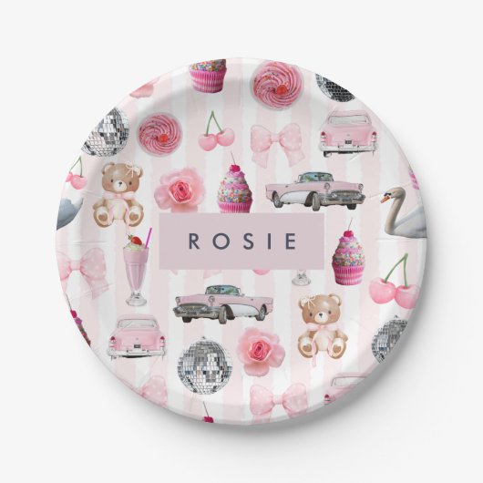 モノグラム赤面ピンクレトロディスコボールコケット ペーパープレート (正面)