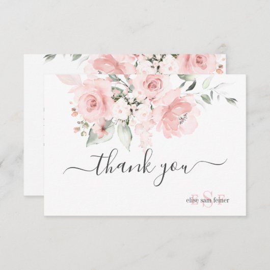モノグラム赤面ピンクローズウォーターカラーフラワー サンキューカード (正面/裏面)