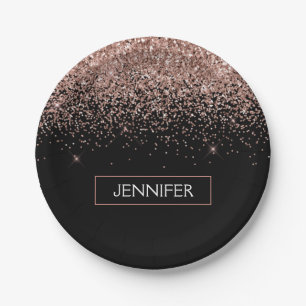 モノグラム赤面ピンクローズ金ゴールドグリッター&スパルクル ペーパープレート