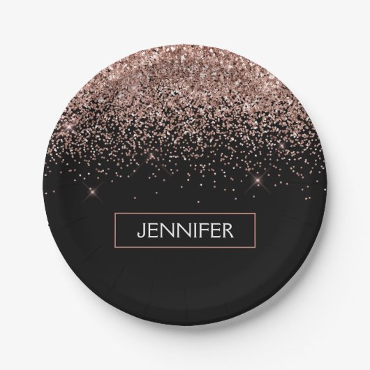 モノグラム赤面ピンクローズ金ゴールドグリッター&スパークル ペーパープレート (正面)