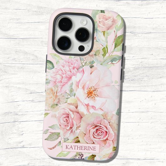 モノグラム赤面ピンク水彩バラ花フローラ Case-Mate iPhoneケース