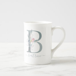 モノグラム赤面ピンク水彩フローラ文字B ボーンチャイナマグカップ