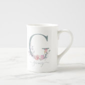 モノグラム赤面ピンク水彩フローラ文字G ボーンチャイナマグカップ (右)