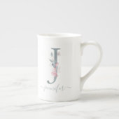 モノグラム赤面ピンク水彩フローラ文字J ボーンチャイナマグカップ (右)
