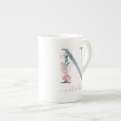 モノグラム赤面ピンク水彩フローラ文字N ボーンチャイナマグカップ (正面右)