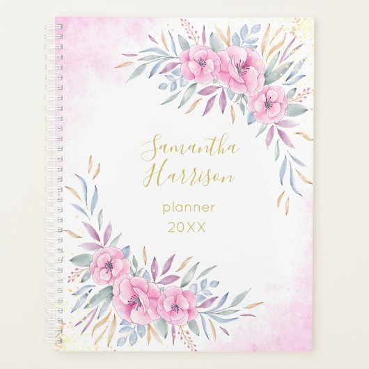 モノグラム赤面ピンク花水色エレガント大 プランナー手帳 (正面)