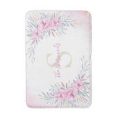 モノグラム赤面ピンク花水色エレガント バスマット (正面縦)