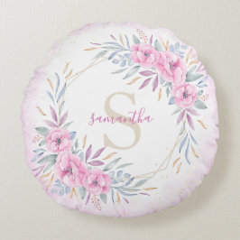 モノグラム赤面ピンク花水色エレガント ラウンドクッション