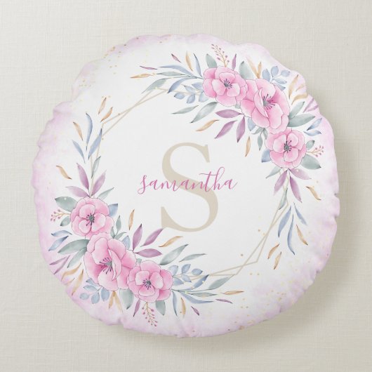モノグラム赤面ピンク花水色エレガント ラウンドクッション (正面)