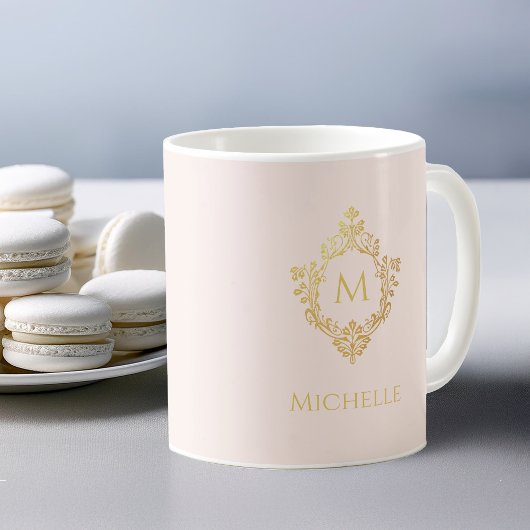 モノグラム赤面ピンク金ゴールド華美ヴィンテージクレスト名 コーヒーマグカップ