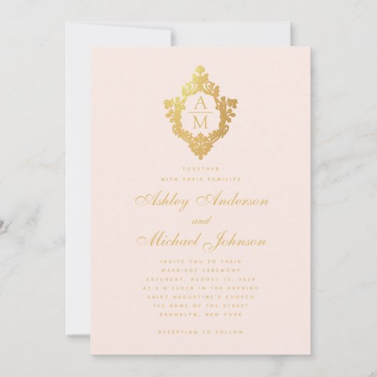 モノグラム赤面フェイク金ゴールドフローラクレストピンク結婚ズ 招待状 (正面)
