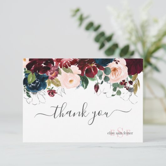 モノグラム赤面ブルゴーニュ海軍の水彩花 サンキューカード (スタンド正面)