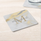 モノグラム金ゴールドとグレー大理石 スクエアペーパーコースター (アングル)