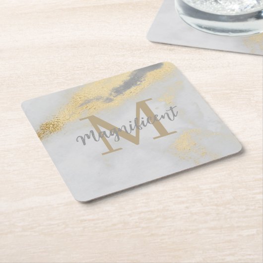 モノグラム金ゴールドとグレー大理石 スクエアペーパーコースター (アングル)