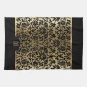 モノグラム金ゴールドとフローラダマスクパターン キッチンタオル (横)