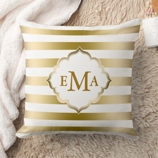 モノグラム金ゴールドと白ストライプ文字の幾何学的パターン クッション (ブランケット)