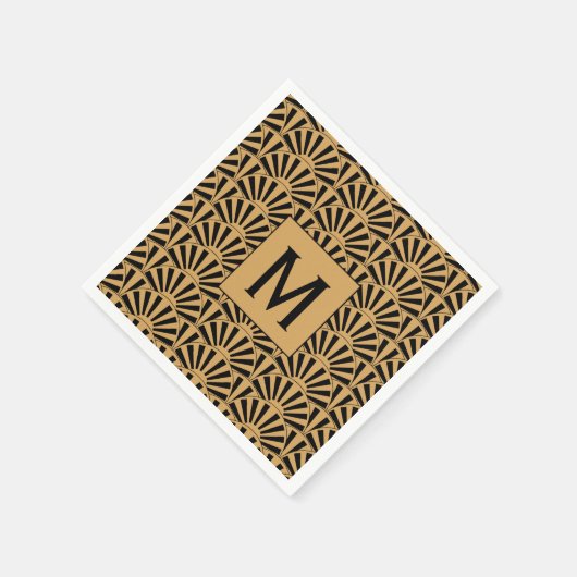 モノグラム金ゴールドと黒アールデコ扇花モチーフ スタンダードカクテルナプキン (角)