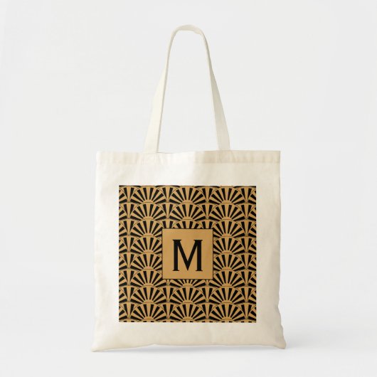 モノグラム金ゴールドと黒アールデコ扇花モチーフ トートバッグ (正面)