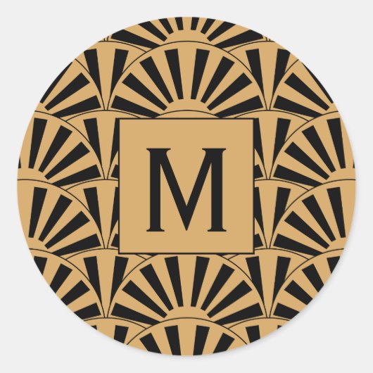 モノグラム金ゴールドと黒アールデコ扇花モチーフ ラウンドシール (正面)