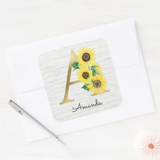 モノグラム金ゴールドひまわりガーリーフローライニシャルA スクエアシール (封筒)