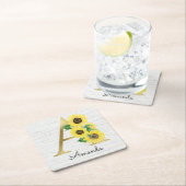 モノグラム金ゴールドひまわりガーリーフローライニシャルA スクエアペーパーコースター (インサイチュ)