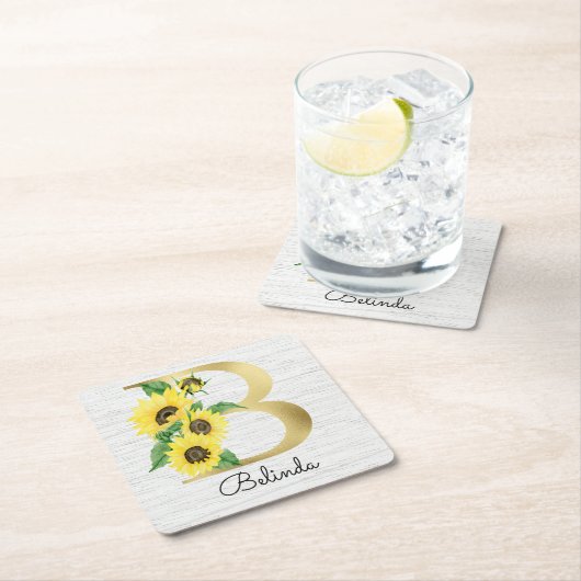 モノグラム金ゴールドひまわりガーリーフローライニシャルB スクエアペーパーコースター (インサイチュ)