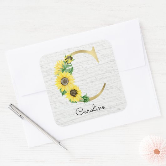 モノグラム金ゴールドひまわりガーリーフローライニシャルC スクエアシール (封筒)