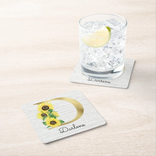 モノグラム金ゴールドひまわりガーリーフローライニシャルD スクエアペーパーコースター (インサイチュ)